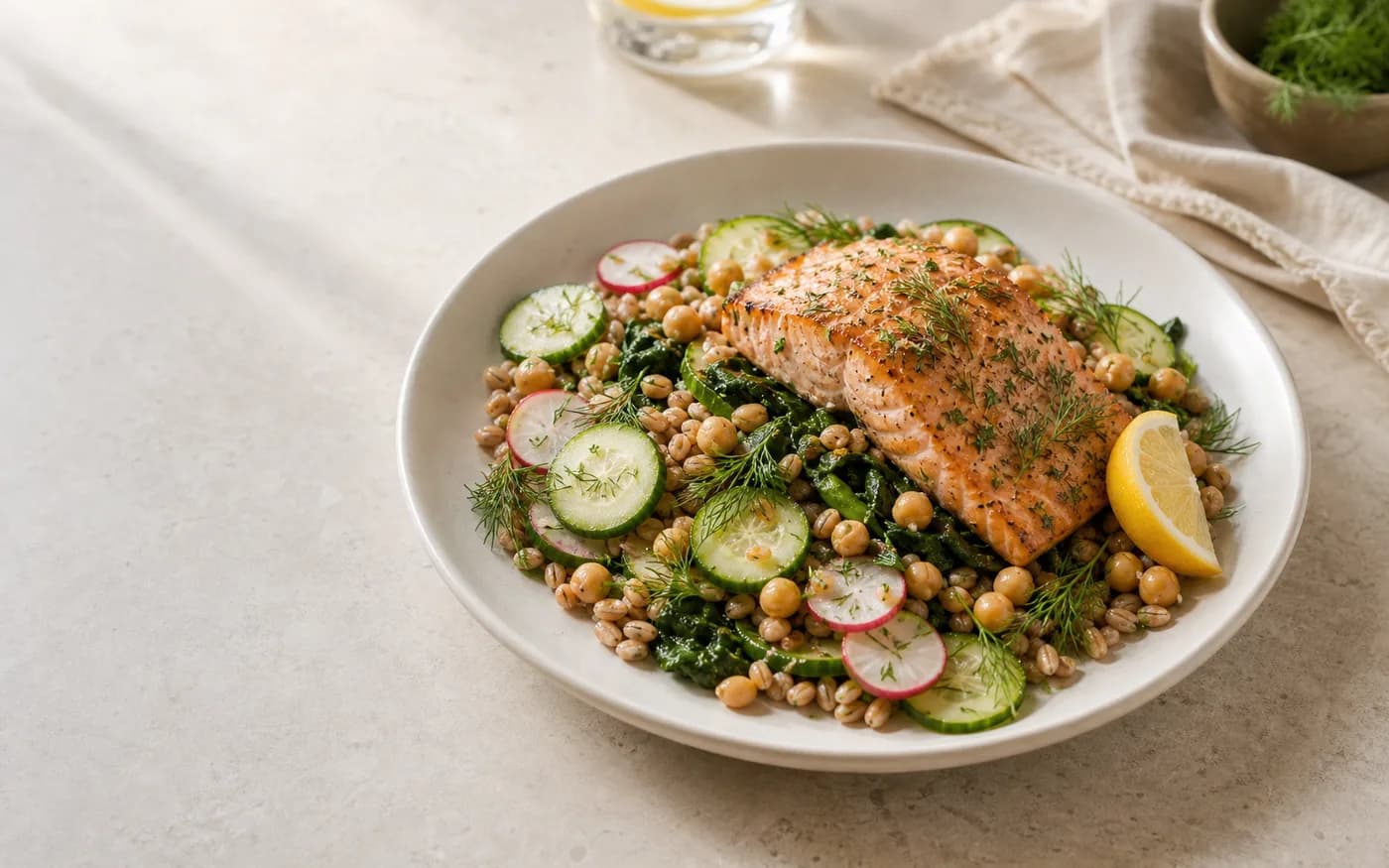 Lemon herb salmon with farro, greens, cucumber, and radish
