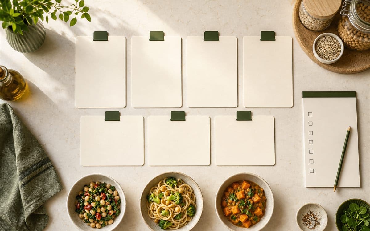 Weekly meal cards with bowls and a grocery checklist