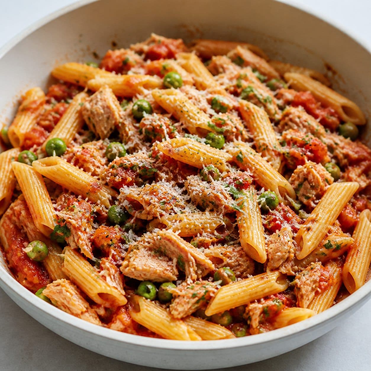 Tuna pasta skillet with tomato sauce and peas