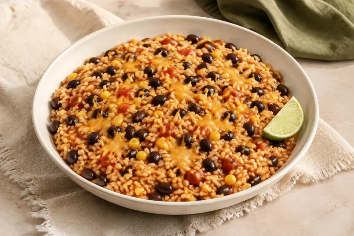 Black beans, rice, tomato and corn with optional cheddar and lime in an ivory bowl — AI-generated serving illustration