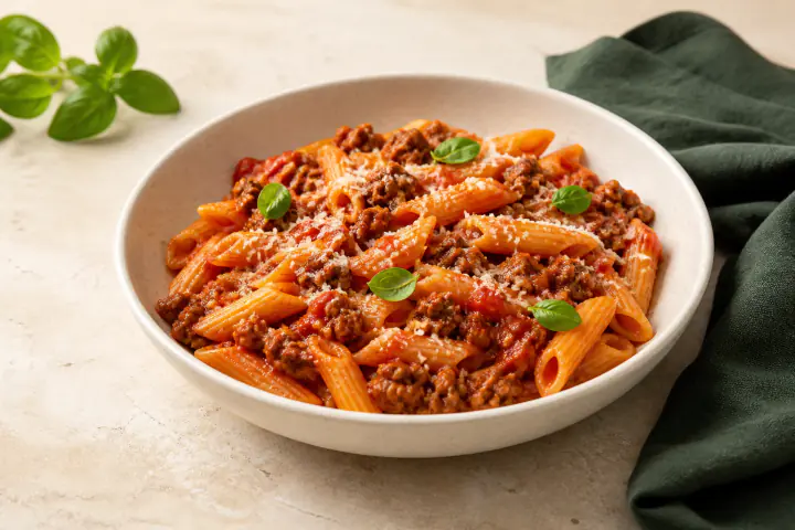 Rigatoni in tomato sauce with browned ground beef, parmesan, and basil