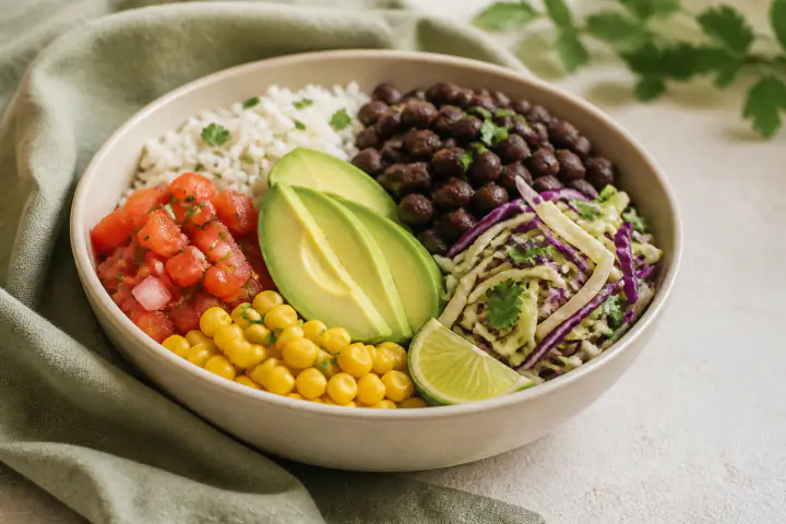 Black beans and seasoned rice with corn, tomato, and avocado in an ivory bowl