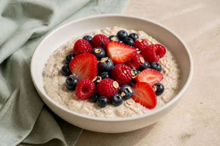 Creamy oat and yogurt bowl topped with strawberries, raspberries, and blueberries