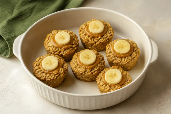Six baked banana oat cups topped with peanut butter and banana slices
