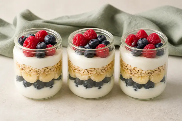 Three layered yogurt jars with banana, oats, raspberries, and blueberries