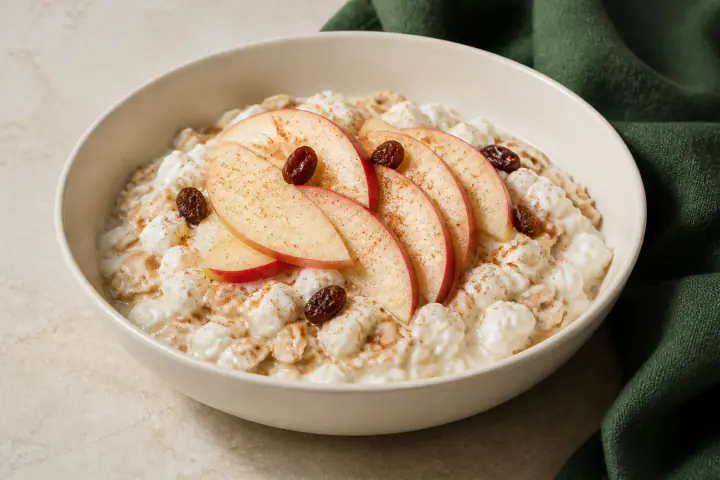 Cottage cheese and oats topped with apple slices, raisins, and cinnamon