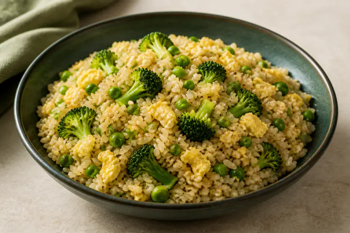 Broccoli egg fried rice with peas and scallions in a dark green bowl