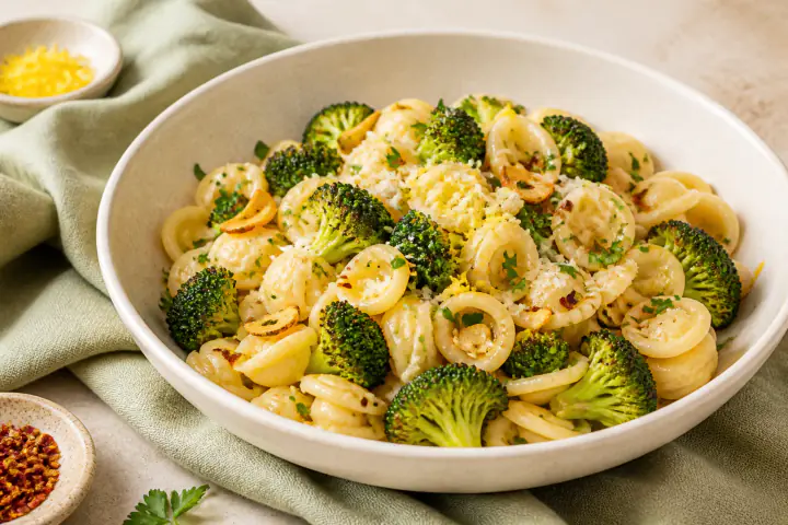 Orecchiette with roasted broccoli, golden garlic, lemon, chili, parsley, and parmesan