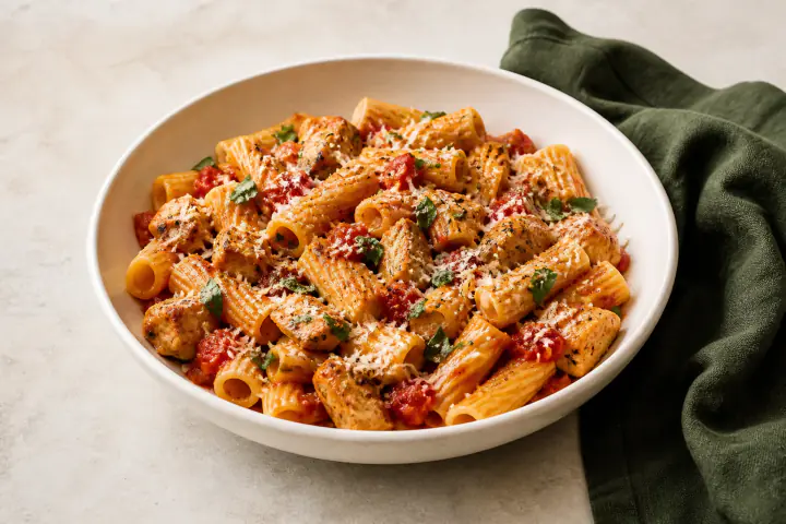 Rigatoni with seared chicken pieces, rustic tomato sauce, herbs, and parmesan