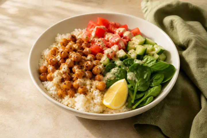Golden chickpeas, white rice, cucumber, tomato, and tahini in an ivory bowl