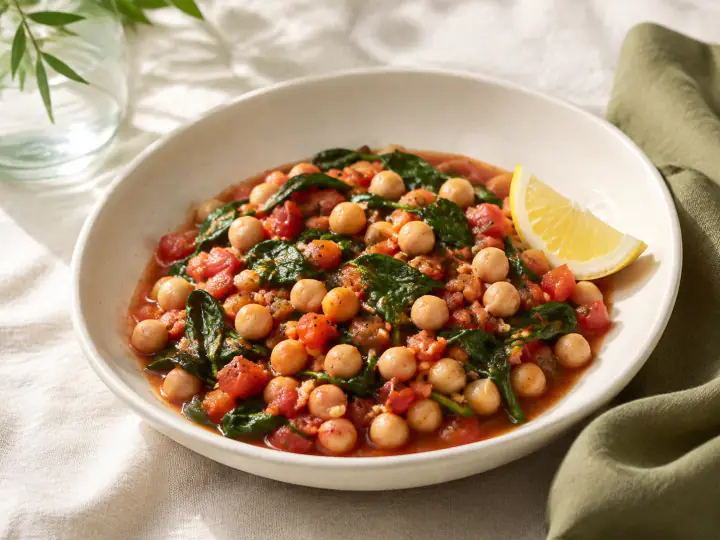 Chickpeas, wilted spinach and fresh tomato sauce in an ivory bowl with a lemon wedge — AI-generated serving illustration