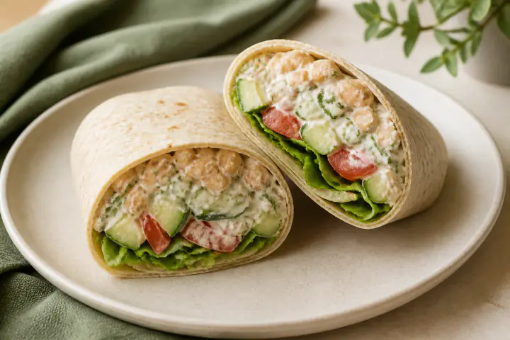 Chickpea yogurt salad in soft wraps with cucumber, tomato, and herbs
