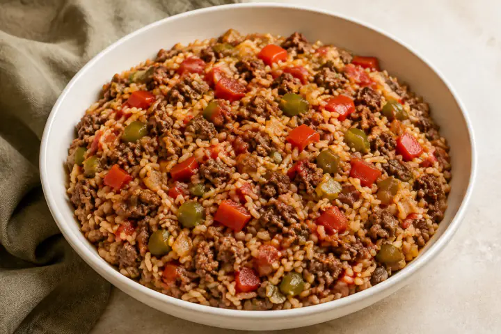 Browned ground beef with rice and diced red and green bell peppers — AI-generated serving illustration