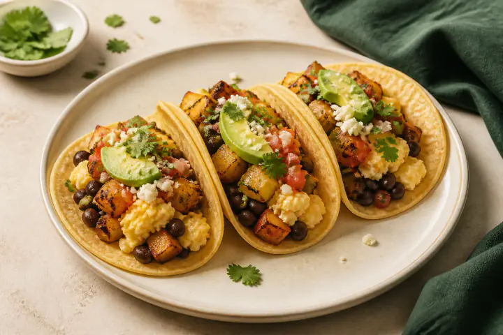 Three breakfast tacos with scrambled egg, crisp potato, black beans, salsa, avocado, and cilantro