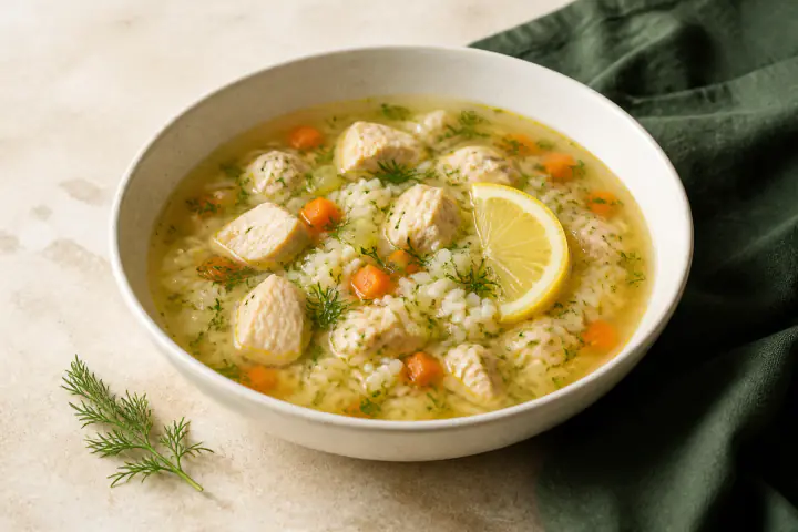 Golden lemon chicken soup with rice, carrots, celery, dill, and a lemon wedge