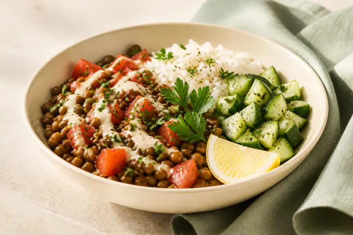 Green lentils with fresh tomato, rice, cucumber, lemon, herbs, and tahini in an ivory bowl