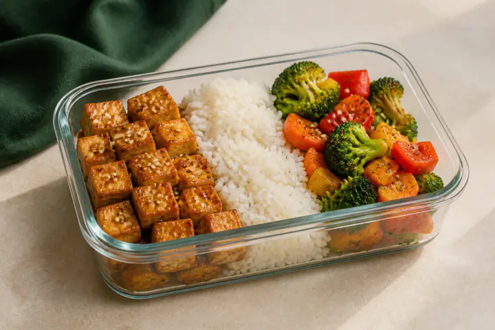 Glass lunch box with golden tofu, white rice, broccoli, peppers, and carrots
