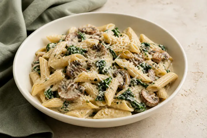 Creamy mushroom and spinach pasta in a warm ivory bowl
