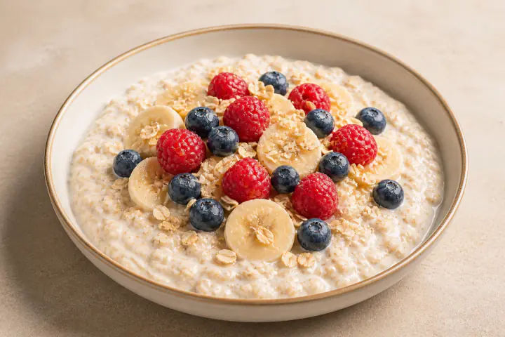 Creamy oats and yogurt topped with berries and sliced banana