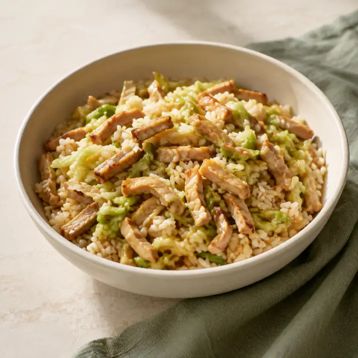 Browned pork strips with cabbage and rice