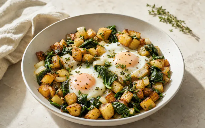 Skillet breakfast hash with potatoes, spinach, onions, and two eggs