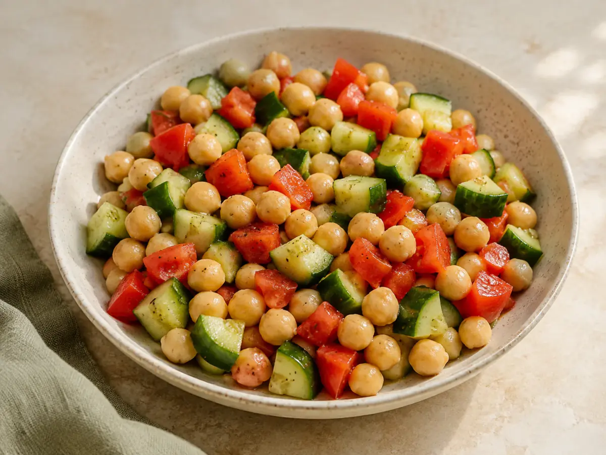 Chickpeas, diced cucumber and fresh tomatoes in a lemon dressing — AI-generated serving illustration