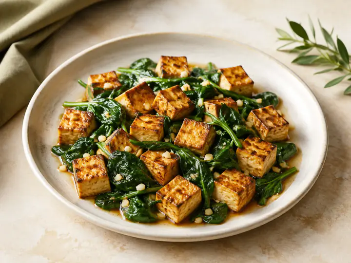 Golden tofu cubes with wilted spinach and garlic pan sauce — AI-generated serving illustration