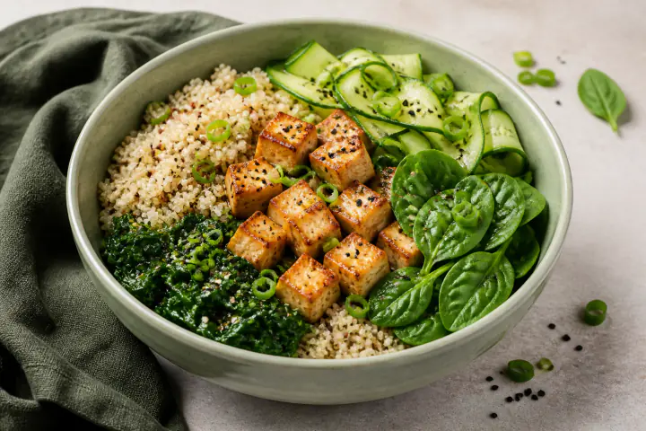 Quinoa bowl with crisp golden tofu, spinach, cucumber, and scallions