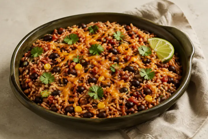Rice and black beans cooked with salsa, with optional corn, cheddar, cilantro and lime — AI-generated serving illustration