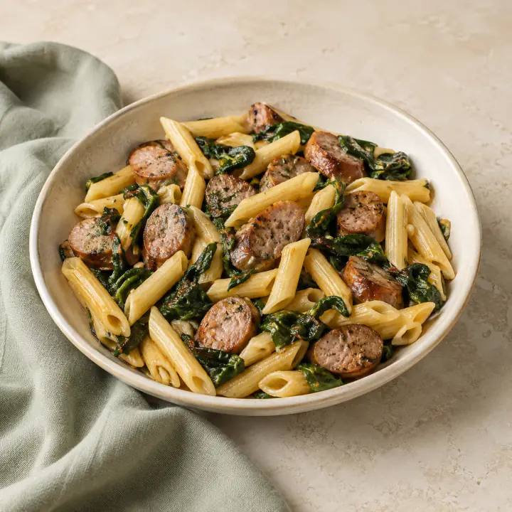 Sausage slices with penne, spinach and garlic
