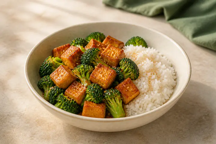 Golden tofu and broccoli with white rice in an ivory bowl