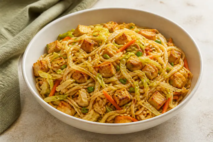 Golden tofu, shredded cabbage, carrots, and noodles in an ivory bowl