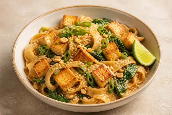 Peanut-lime noodles with golden tofu, spinach, peanuts, and scallions