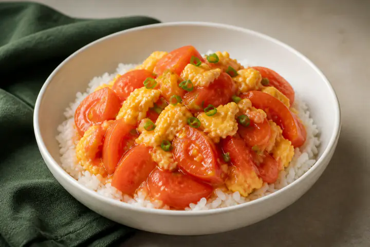 Soft tomato and scrambled egg served over white rice
