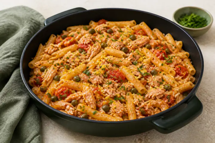Pasta with flaked tuna, tomato, capers, parsley, and lemon zest in a dark green skillet