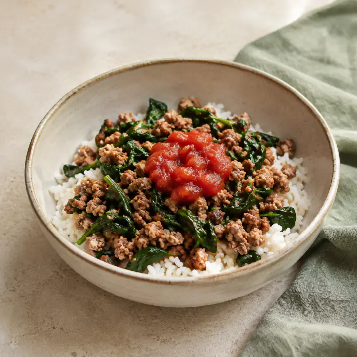 Ground turkey and spinach over white rice with tomato salsa