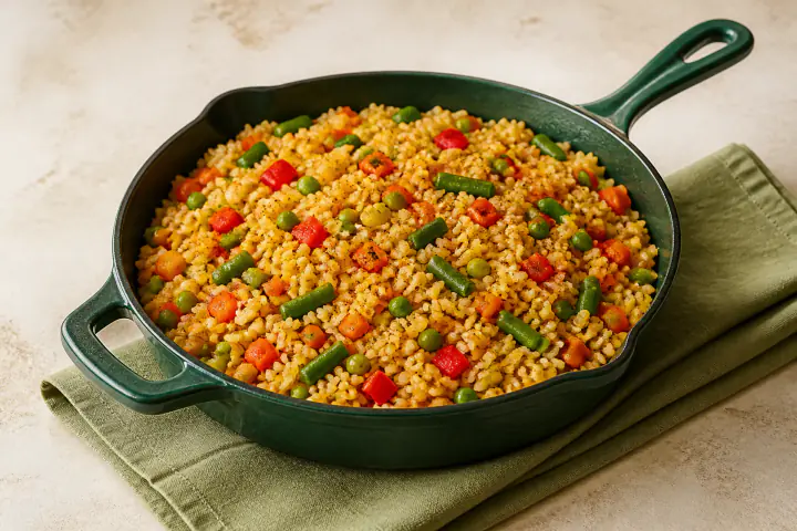 Golden rice with peas, green beans, carrots, and red pepper in a green skillet