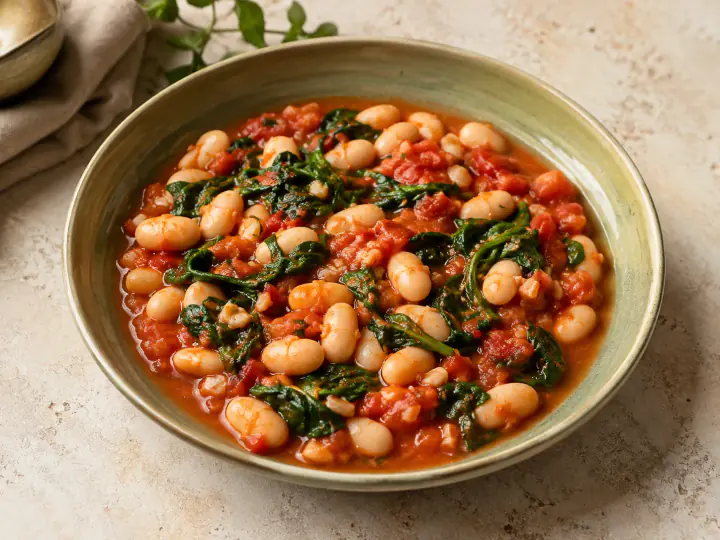 White beans with tomatoes and wilted spinach in a shallow olive bowl — AI-generated serving illustration