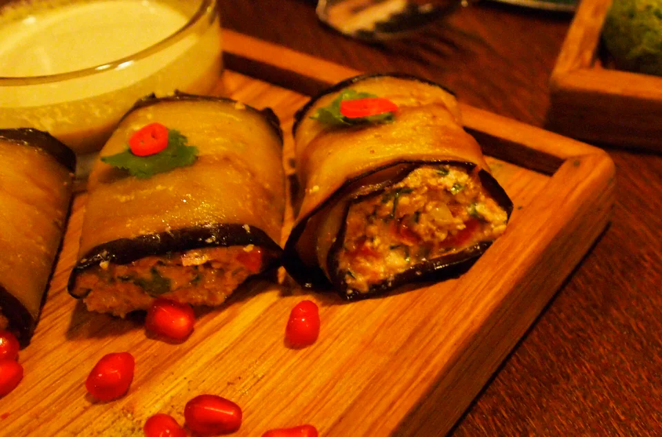 Badrijani Nigvzit (Georgian Eggplant Rolls)