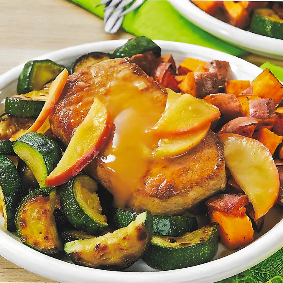 Apple Pork Chops with Sweet Potatoes and Zucchini